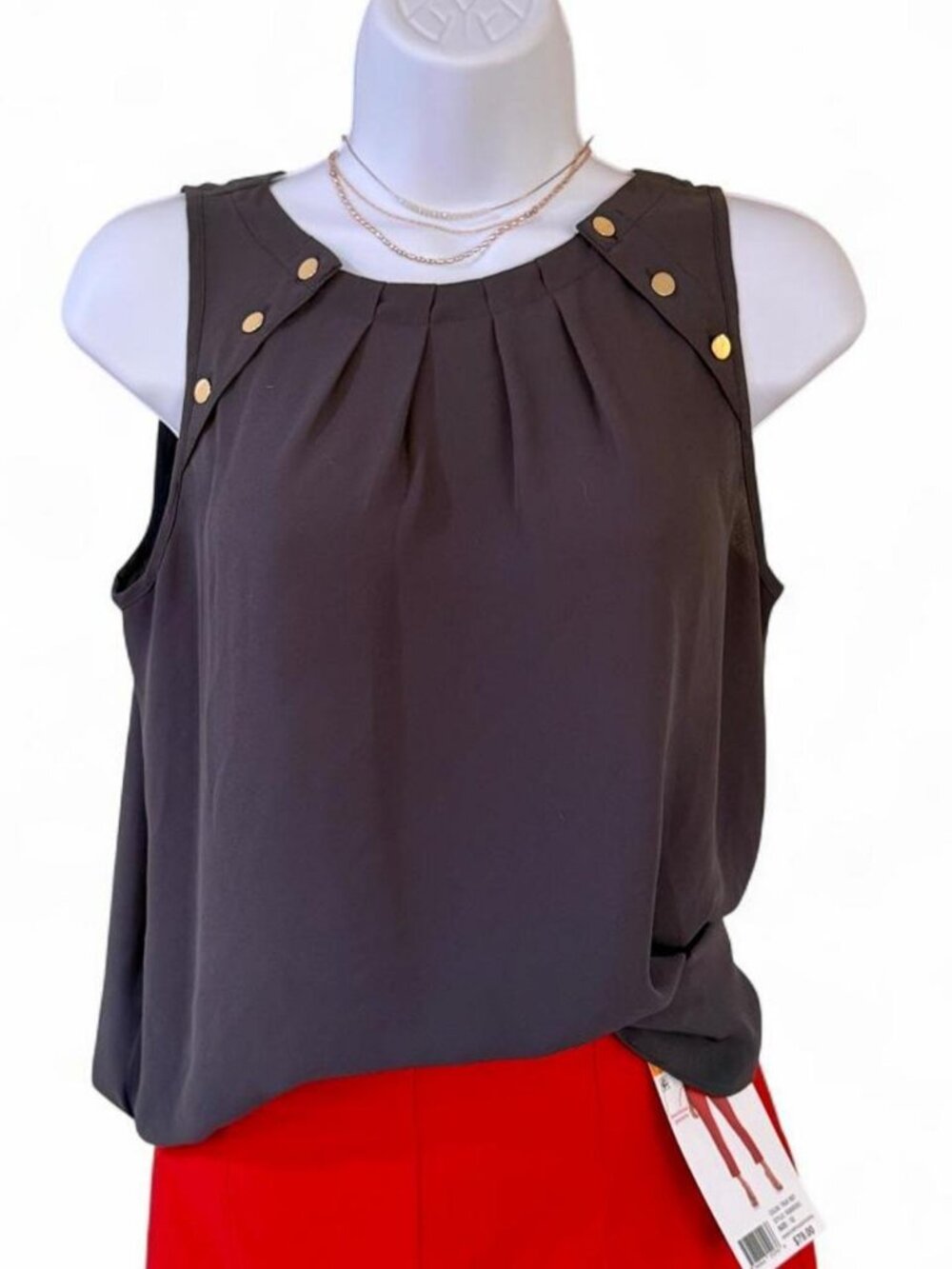 LOFT Grey Blouse Tank Gold Buttons M